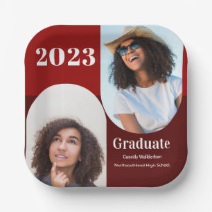 Arch Red Burgundy Two Photo Graduation Paper Plate