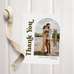 Arch & Retro Type Dark Green Photo Wedding Thank You Card<br><div class="desc">A stylish wedding thank you card featuring an arch shape framing your favourite wedding portrait,  and "thank you" in dark green bold retro style font on the left side vertically. Personalize further with your names,  wedding date,  and optional printed message on the reverse.</div>