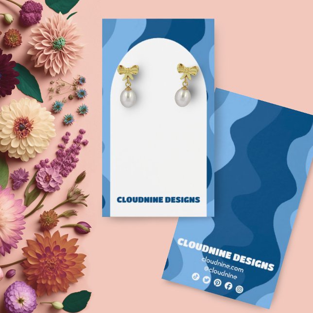 Arch Retro Waves Earring Necklace Jewellery Displa (Blue waves custom earring display cards with arch shapes. Social media icons)