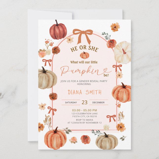 Arch Ribbon Bow Little Pumpkin Gender Reveal Invitation (Front)