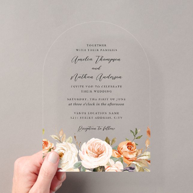 Arch Rustic Burnt Orange Botanical Florals Wedding Acrylic Invitations (Insitu (Handheld))