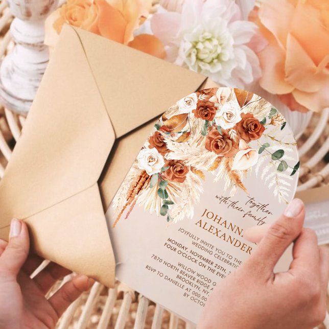 Arch Rustic Terracotta Floral Pampas Wedding  Acrylic Invitations (Creator Uploaded)