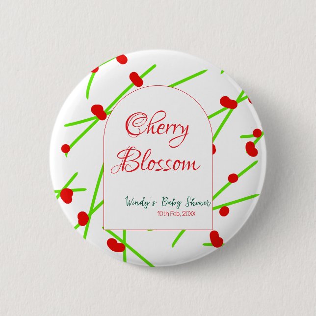 Arch shape cherry blossom red green baby shower na 2 inch round button (Front)