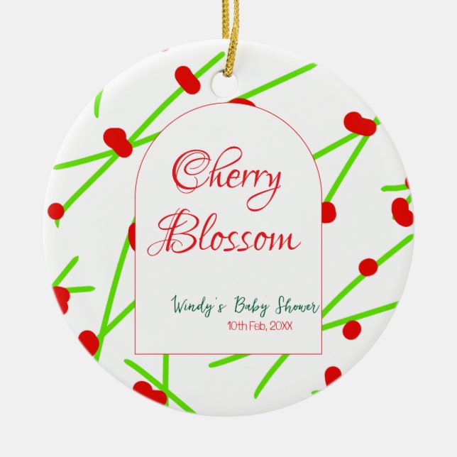 Arch shape cherry blossom red green baby shower na ceramic ornament (Front)