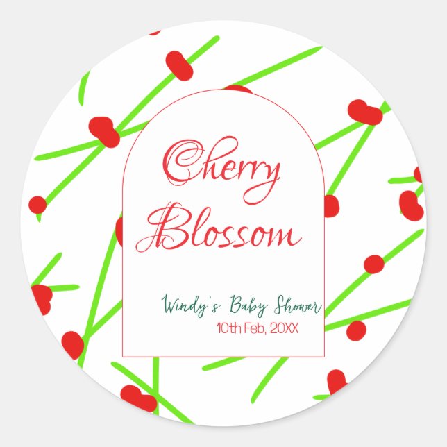 Arch shape cherry blossom red green baby shower na classic round sticker (Front)