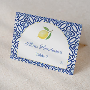 Arch Shape Lemon Blue Tiles Wedding Place Card