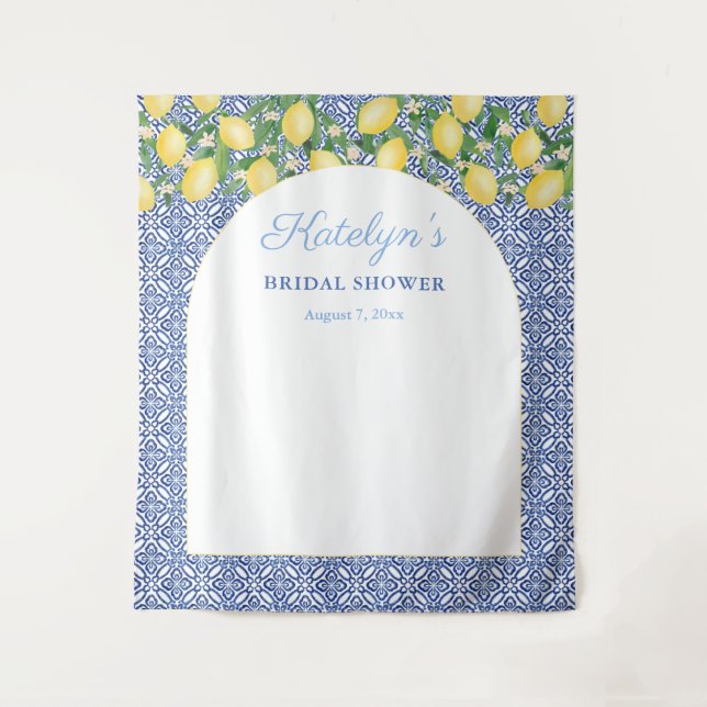 Arch Shape Lemons Blue Tiles Bridal Shower Welcome Tapestry (Front)