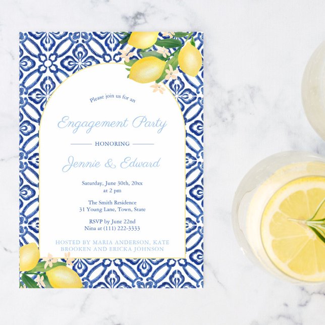 Arch Shape Lemons Blue Tiles Engagement Party Invitation (Creator Uploaded)