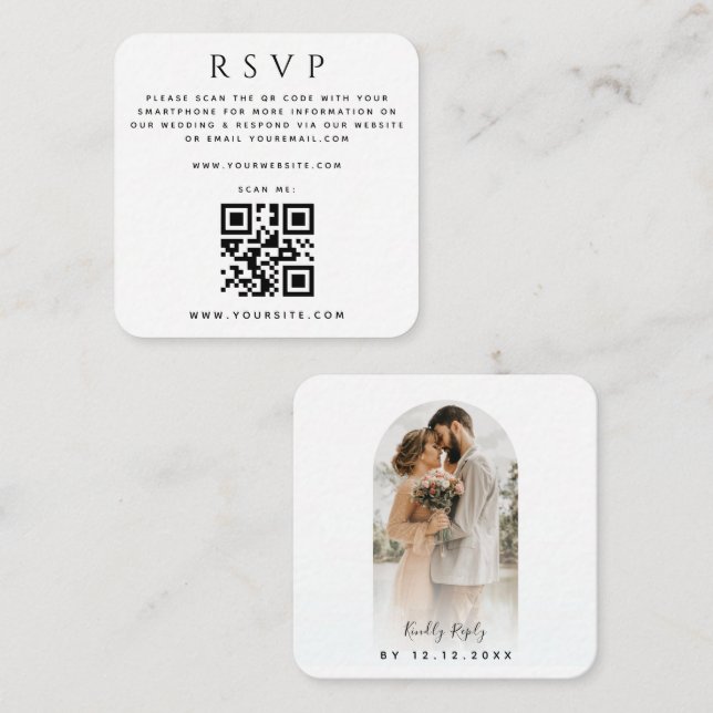 Arch Shaped Photo QR Code Online Wedding RSVP Chic Enclosure Card (Front/Back)