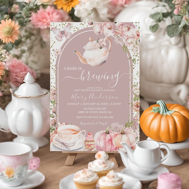 Arch Tea Party Pumpkin Baby is Brewing Baby Shower Invitation (Creator Uploaded)