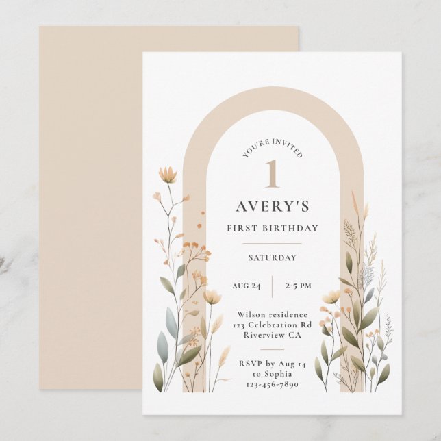 Arch Wildflower First Birthday Invitation (Front/Back)