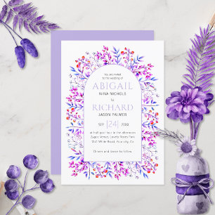 Arch with leaves, berries lavender purple wedding invitation