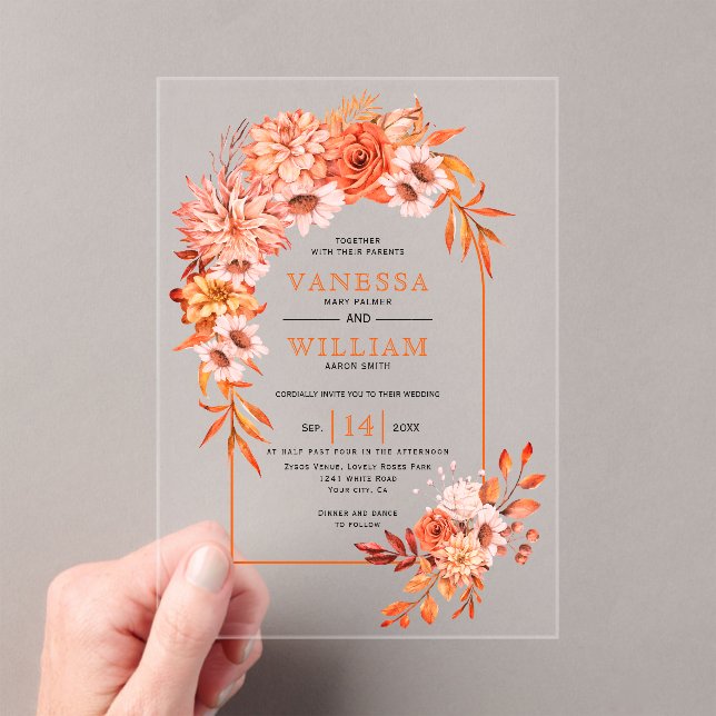 Arch with orange flowers floral fall wedding acrylic invitations (Insitu (Handheld))