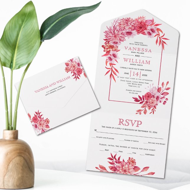 Arch with pink and red flowers and leaves wedding all in one invitation (Creator Uploaded)