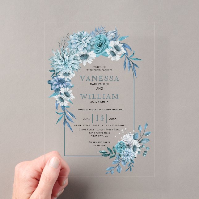 Arch with teal blue flowers and leaves wedding acrylic invitations (Insitu (Handheld))