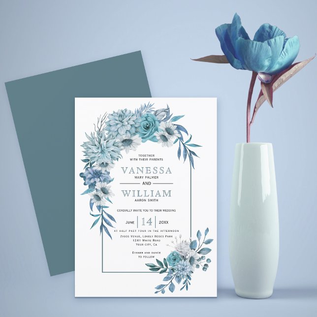 Arch with teal blue flowers and leaves wedding invitation (Creator Uploaded)