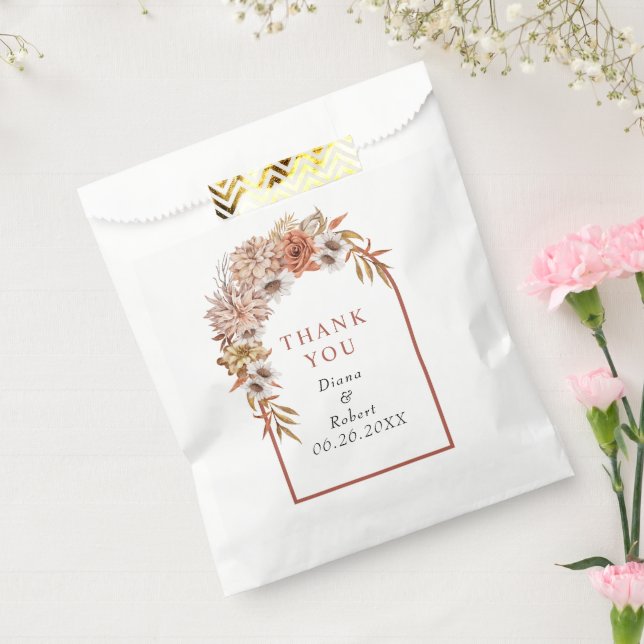 Arch with terracotta flowers and leaves wedding  favour bag (Sealed)