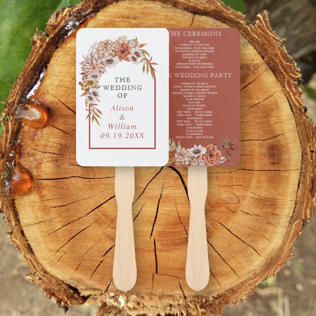 Arch with terracotta flowers wedding program hand fan (Creator Uploaded)