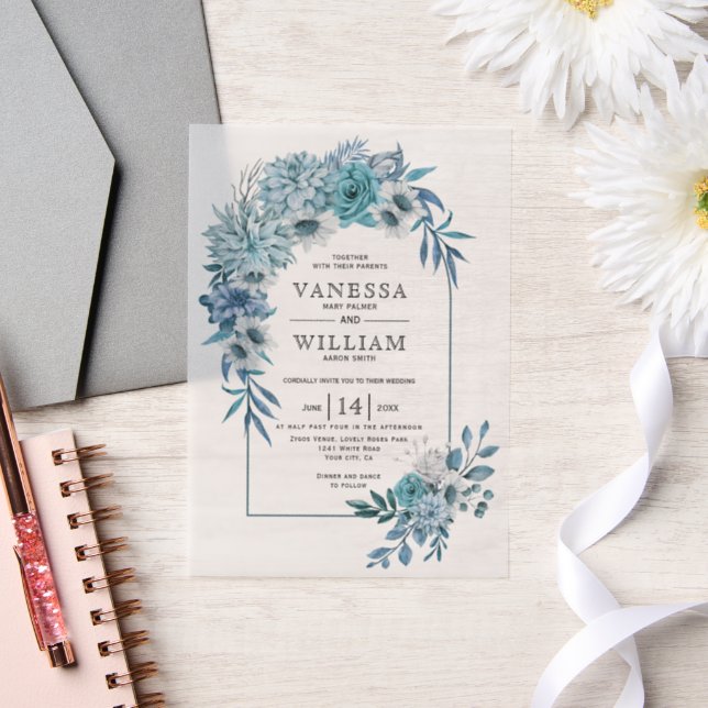Arch wth teal blue flower arrangement wedding vellum invitations (Wedding)