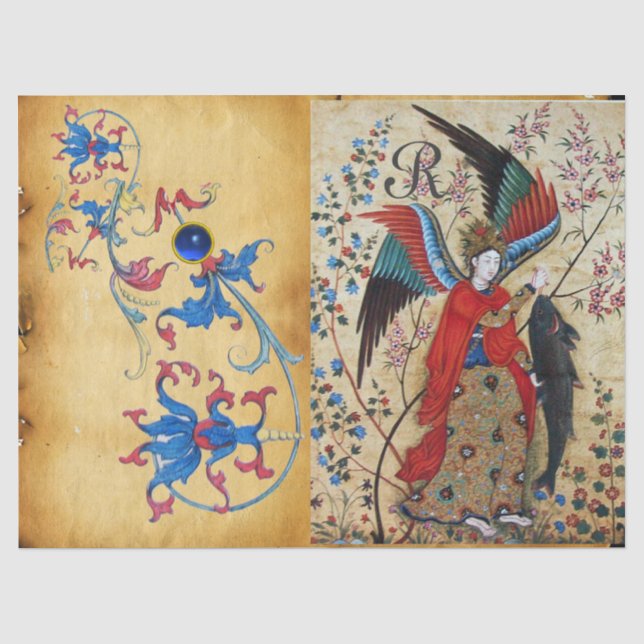 ARCHANGEL RAPHAEL AND FISH BLUE FLORAL PARCHMENT TISSUE PAPER (Front)