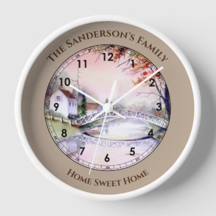 Arched Bridge New England Autumn Watercolor  Clock
