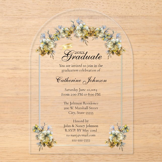 Arched Floral Graduation Acrylic Invitations (Front)