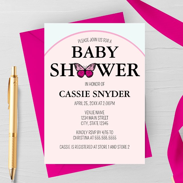 Arched Frame Pink Butterfly Baby Shower Invitation (Arched Butterfly Pink Spring Baby Shower Invitation)