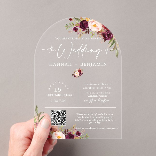 Arched Marsala Boho Wedding Modern Minimal QR Code Acrylic Invitations (Insitu (Handheld))