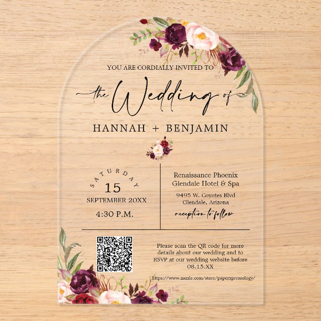 Arched Marsala Boho Wedding Modern Minimal QR Code Acrylic Invitations (Front)