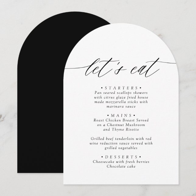 Arched Modern Black & White Let's Eat Menu Card (Front/Back)
