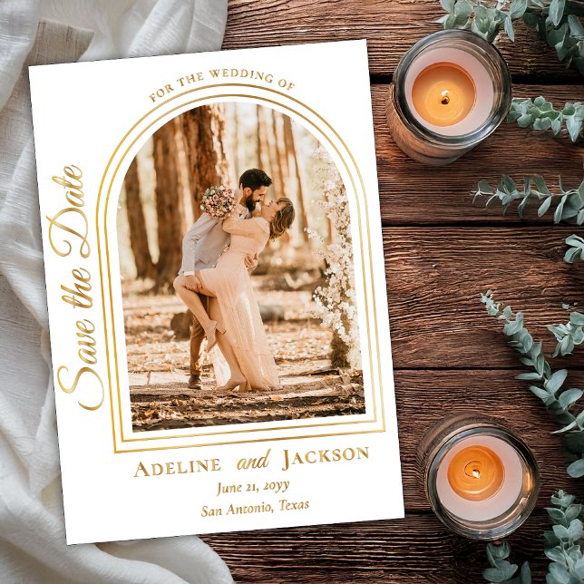 Arched Photo Elegant Script Save the Date (Arched Photo Elegant Script "Save the Date" Foil Announcement)