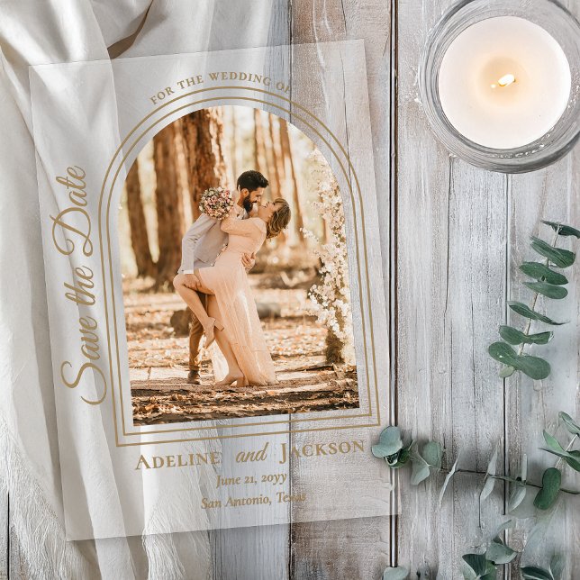 Arched Photo Elegant Script Save the Date Acrylic Invitations (Arched Photo Elegant Script "Save the Date" Acrylic Announcement - Natural Text and Accents)