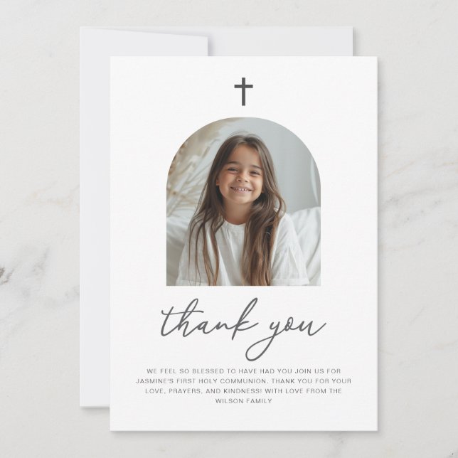 Arched Photo First Communion Girl Thank You Card (Front)