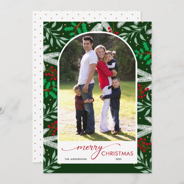 Arched Photo Greenery Merry Christmas Holiday Card (Front/Back)