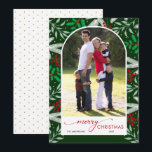 Arched Photo Greenery Merry Christmas Holiday Card<br><div class="desc">This flat Christmas greeting card features a modern vertical arched photo accented with a colourful border of Christmas greenery. The design offers elegant script text "Merry Christmas" and a dark green background. Photography © Storytree Studios,  Stanford,  CA</div>