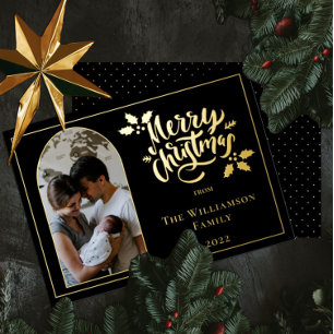 Arched Photo Merry Christmas and Holly on Black Fo Foil Holiday Card
