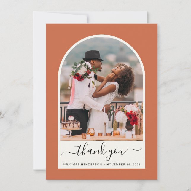 Arched Photo Terracotta Wedding Thank You Card (Front)