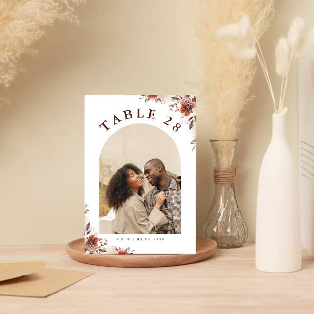 Arched Photo Text Boho Fall Minimalist Wedding Table Number (Creator Uploaded)