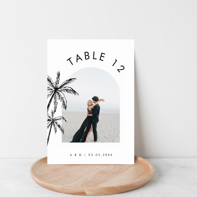 Arched Photo Text Hand Drawn Palm Tree Wedding Table Number (Creator Uploaded)