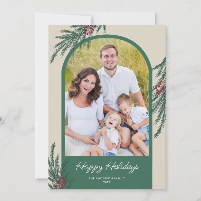 Arched Photo Winter Greenery Happy Holidays Holiday Card (Front)