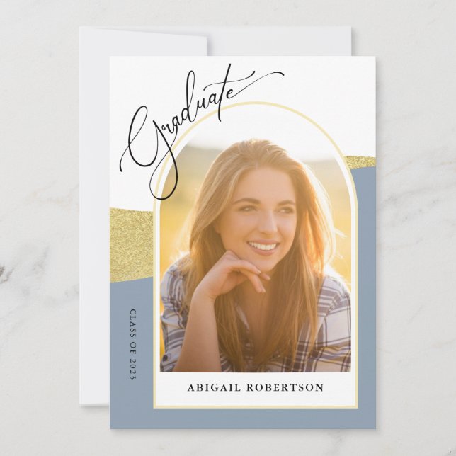 Arched Photos Dusty Blue & Gold Graduation Party Invitation (Front)