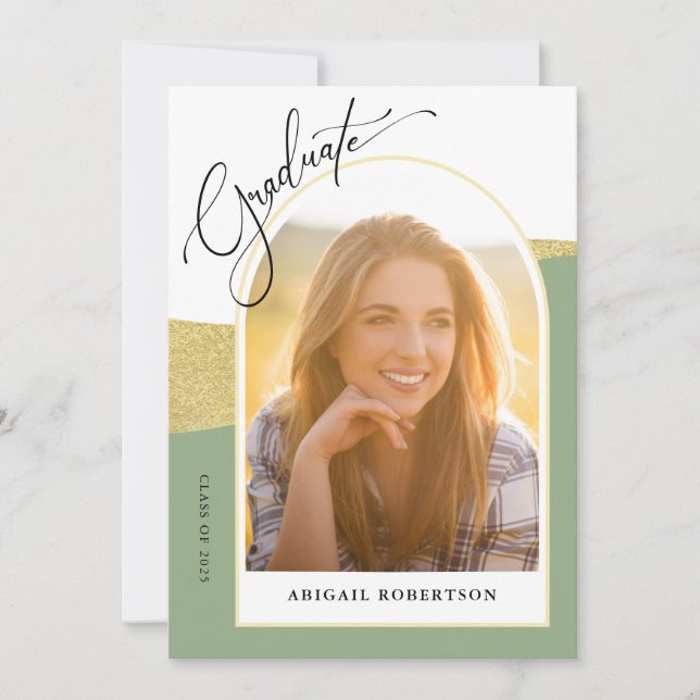 Arched Photos Sage Green & Gold Graduation Party Invitation (Front)