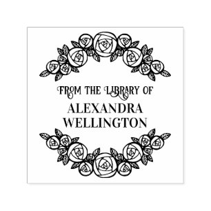 Arched Roses Framed Round Library Book Name Self-inking Stamp