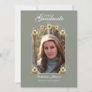 Arched Sage Green Floral Graduation Invitation