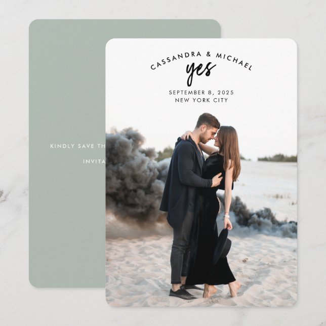 Arched Text Photo Sage Green Wedding Save the Date Invitation (Front/Back)