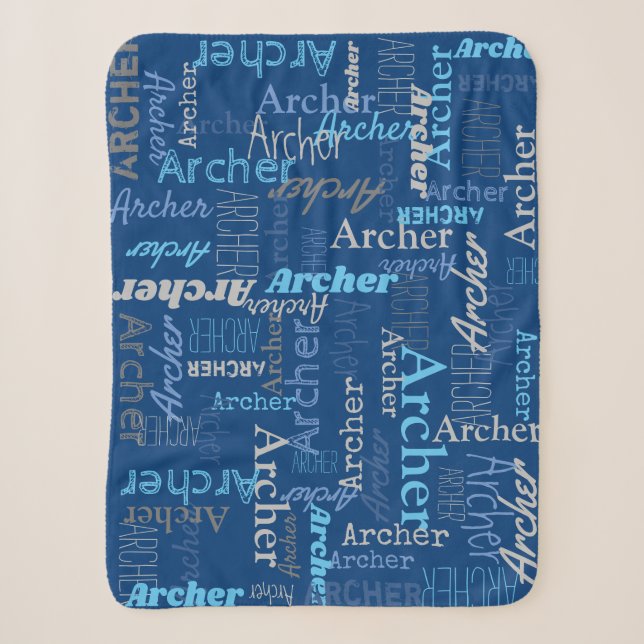 Archer personalized name shades of blue and grey sherpa blanket (Front)