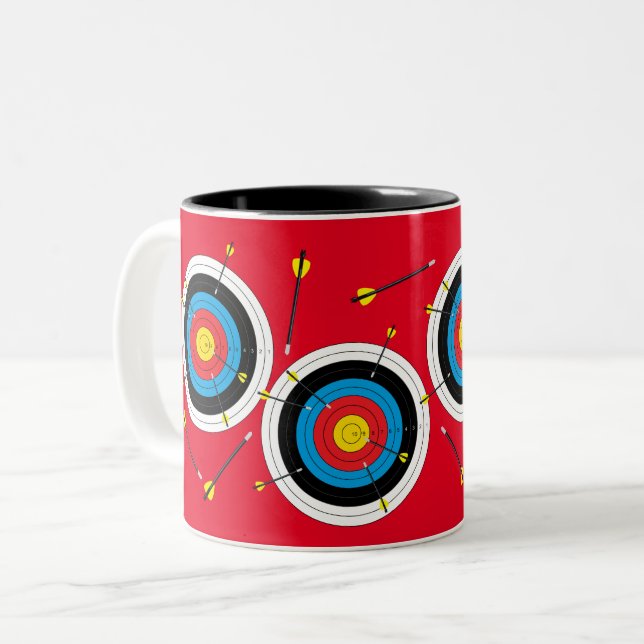 Archery Arrows and Targets, Fun Bow Shooting Two-Tone Coffee Mug (Front Left)