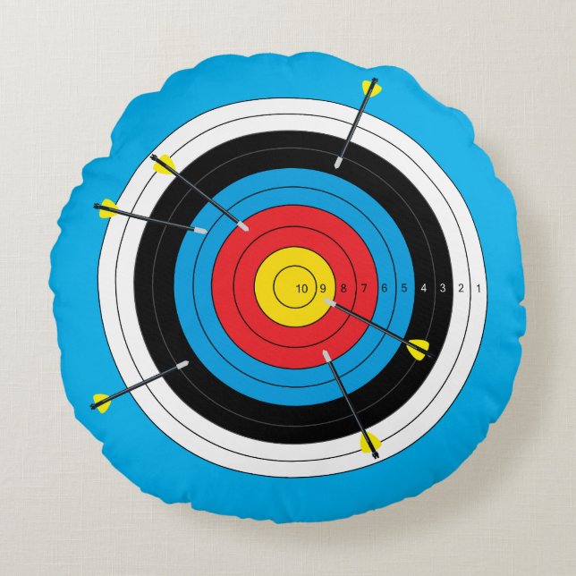 Archery Bullseye, Bow Shooting Target and Arrows Round Pillow (Front)