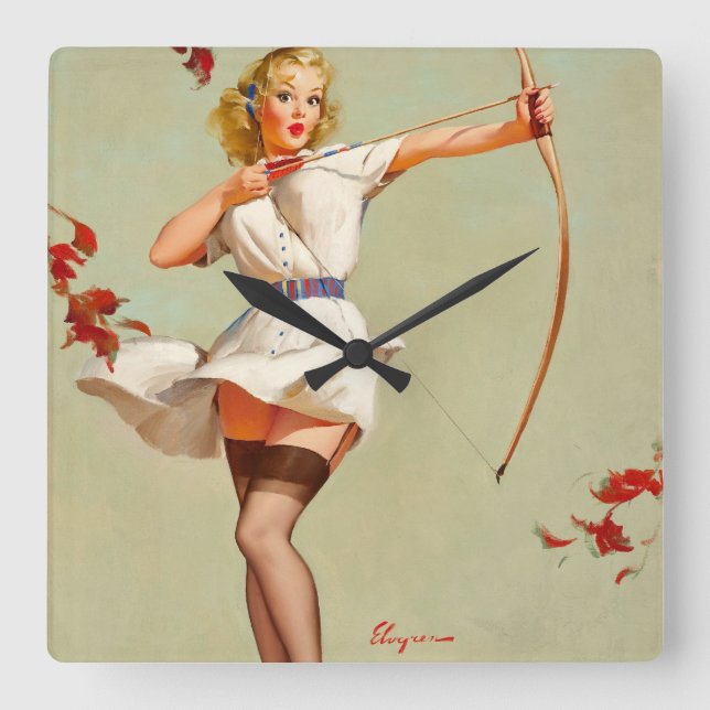 Archery Pin-Up Girl Square Wall Clock (Front)