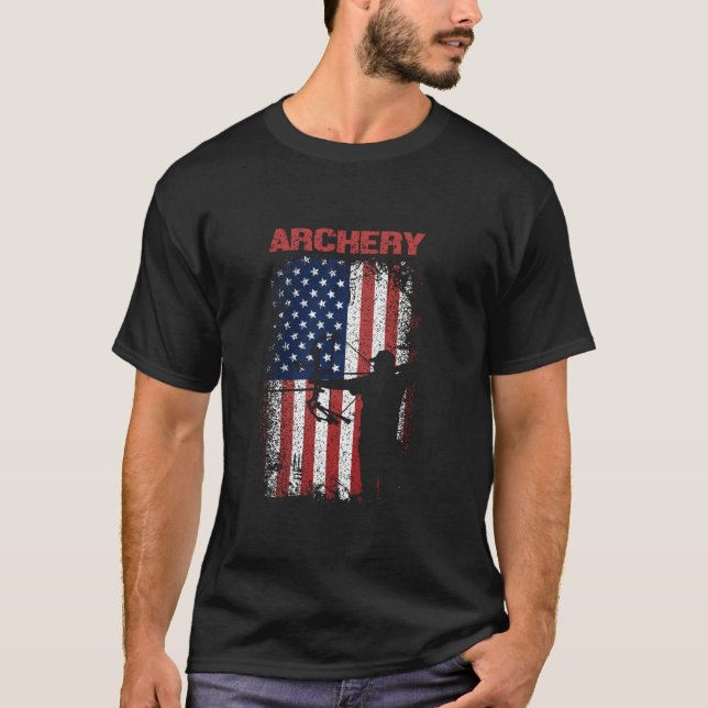 Archery Sports Retro American Flag America USA Bow T-Shirt (Front)